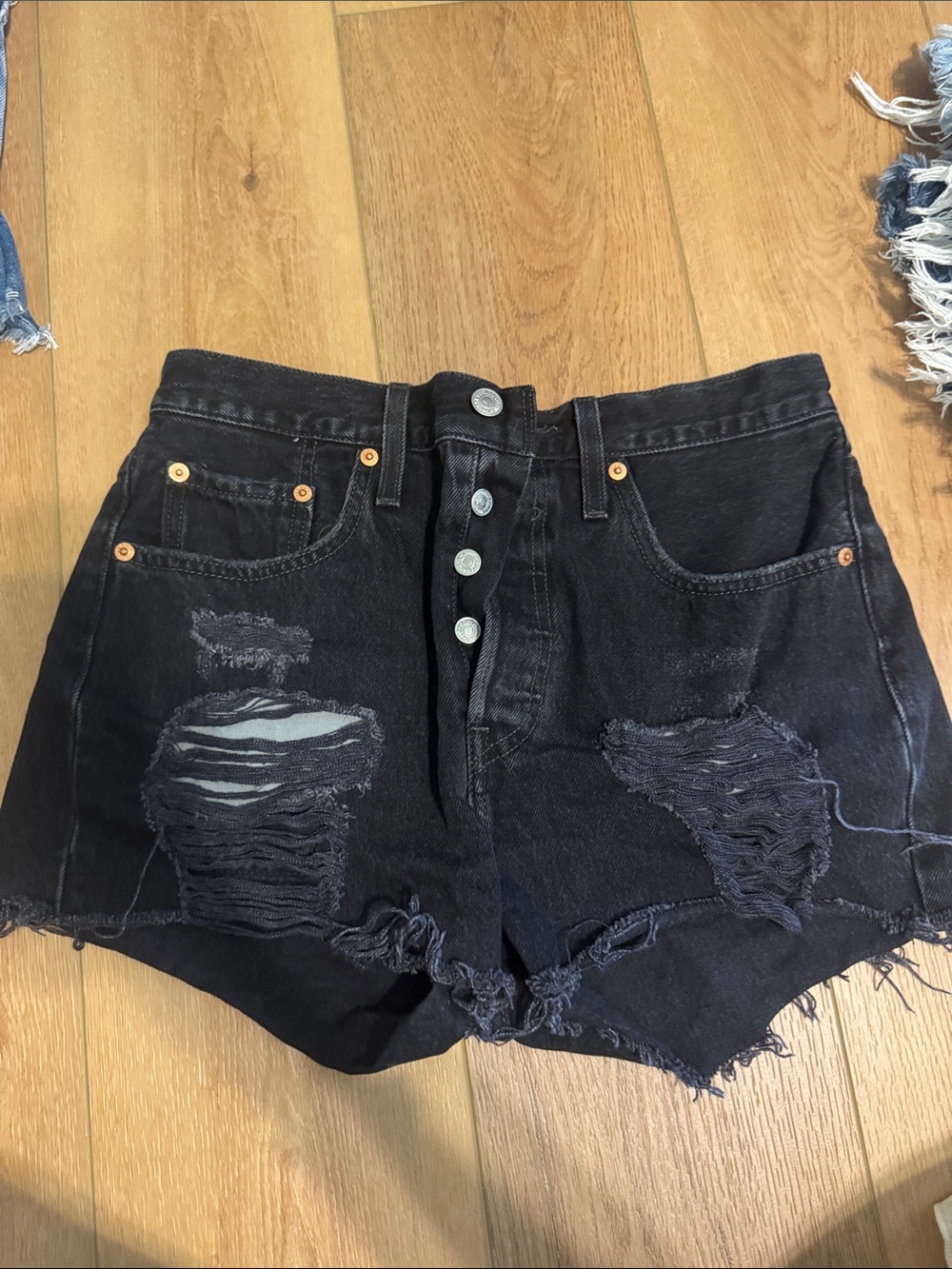 Levi's Black Distressed Button-Fly Denim Shorts